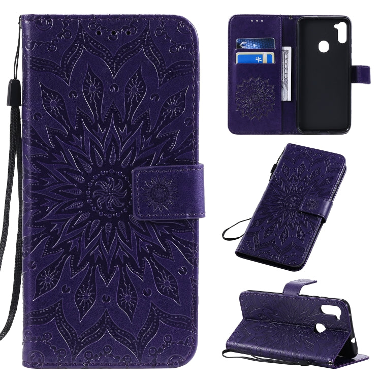 For Samsung Galaxy A11 Embossed Sunflower Pattern Horizontal Flip PU Leather Case with Holder & Card Slots & Wallet & Lanyard