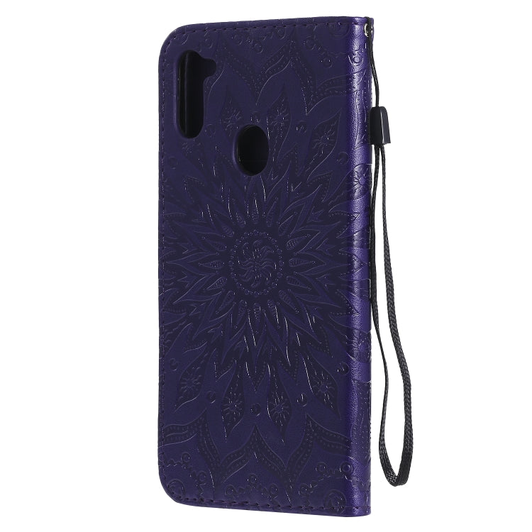 For Samsung Galaxy A11 Embossed Sunflower Pattern Horizontal Flip PU Leather Case with Holder & Card Slots & Wallet & Lanyard