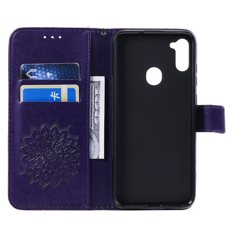 For Samsung Galaxy A11 Embossed Sunflower Pattern Horizontal Flip PU Leather Case with Holder & Card Slots & Wallet & Lanyard