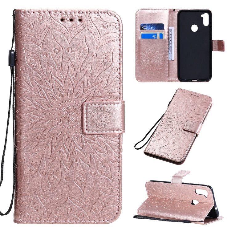 For Samsung Galaxy A11 Embossed Sunflower Pattern Horizontal Flip PU Leather Case with Holder & Card Slots & Wallet & Lanyard