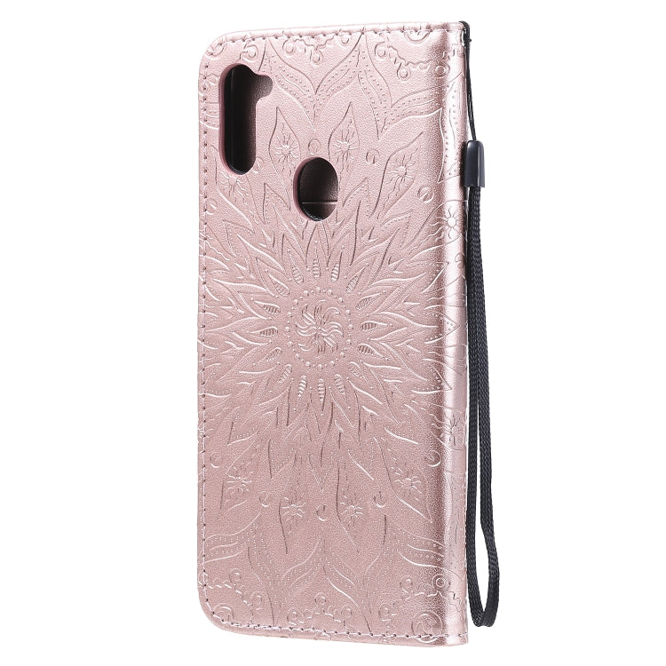 For Samsung Galaxy A11 Embossed Sunflower Pattern Horizontal Flip PU Leather Case with Holder & Card Slots & Wallet & Lanyard
