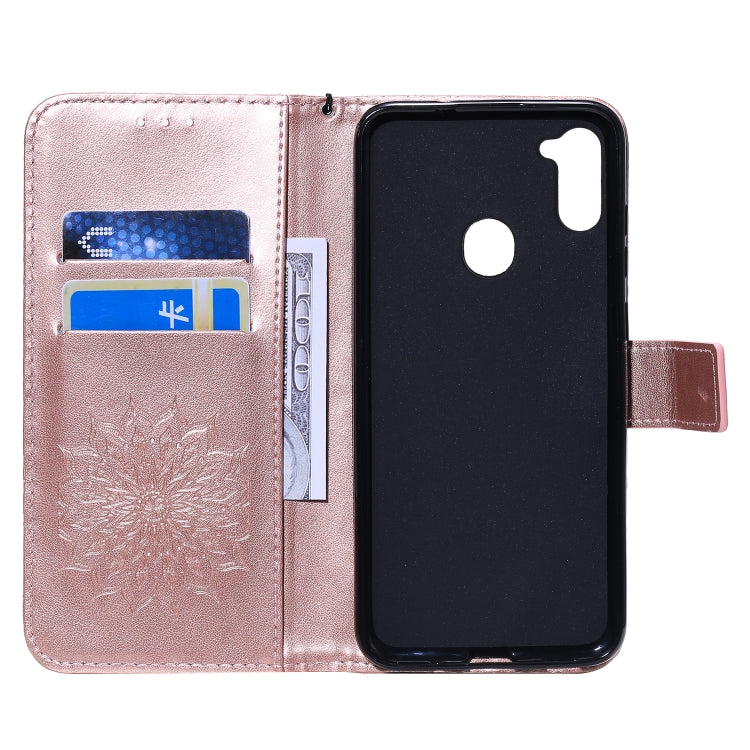 For Samsung Galaxy A11 Embossed Sunflower Pattern Horizontal Flip PU Leather Case with Holder & Card Slots & Wallet & Lanyard