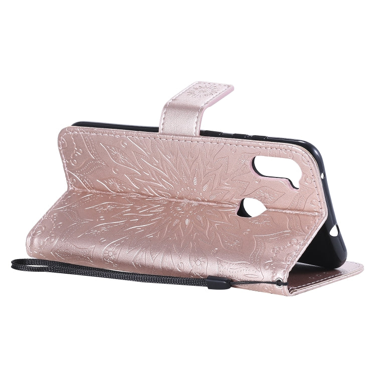 For Samsung Galaxy A11 Embossed Sunflower Pattern Horizontal Flip PU Leather Case with Holder & Card Slots & Wallet & Lanyard