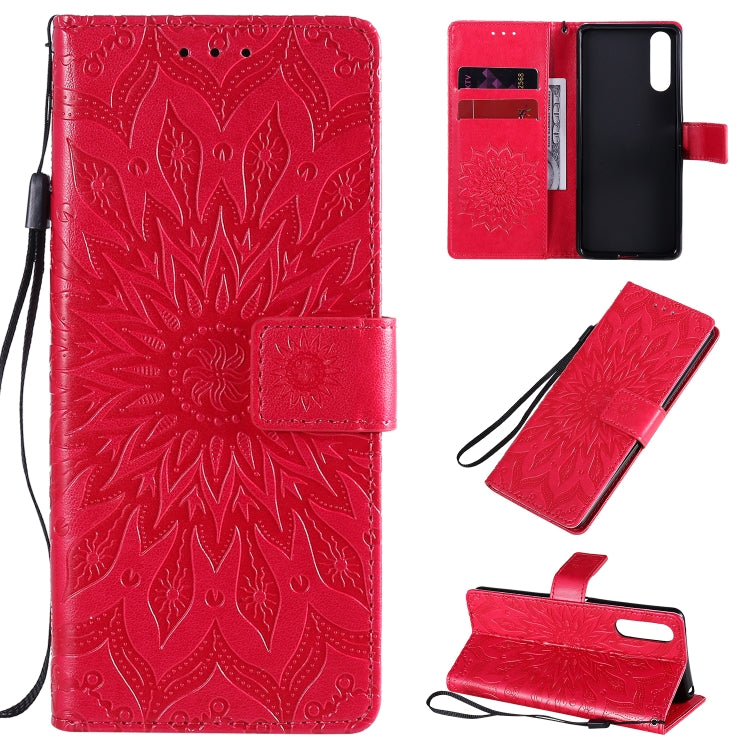 For Sony Xperia 10 II Embossed Sunflower Pattern Horizontal Flip PU Leather Case with Holder & Card Slots & Wallet & Lanyard