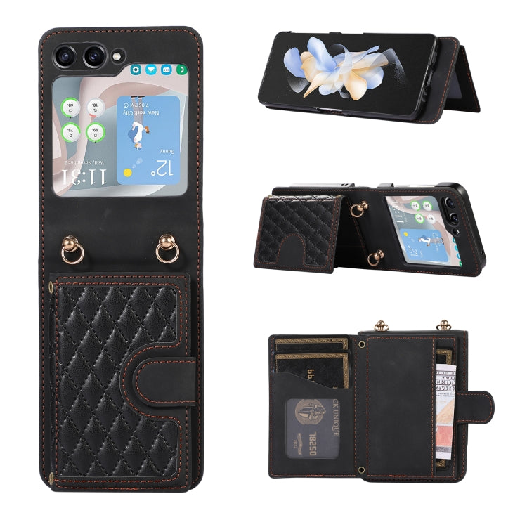 For Samsung Galaxy Z Flip5 Card Slot Diamond Lattice Folding Leather Phone Case