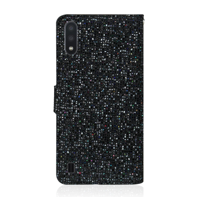 For Samsung Galaxy A01 Glitter Powder Horizontal Flip Leather Case with Card Slots & Holder & Lanyard