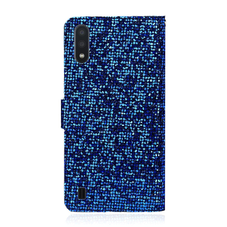 For Samsung Galaxy A01 Glitter Powder Horizontal Flip Leather Case with Card Slots & Holder & Lanyard