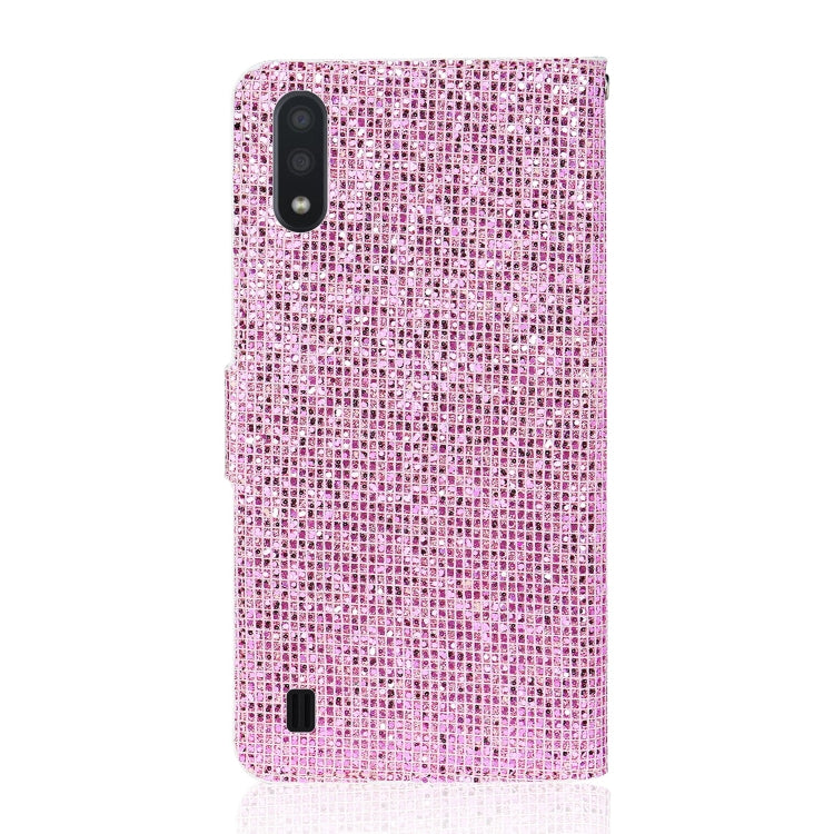 For Samsung Galaxy A01 Glitter Powder Horizontal Flip Leather Case with Card Slots & Holder & Lanyard
