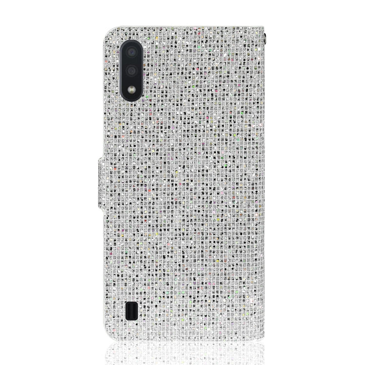 For Samsung Galaxy A01 Glitter Powder Horizontal Flip Leather Case with Card Slots & Holder & Lanyard