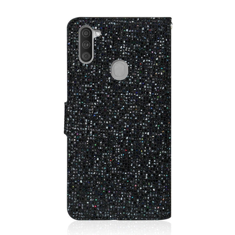 For Samsung Galaxy A11 Glitter Powder Horizontal Flip Leather Case with Card Slots & Holder & Lanyard