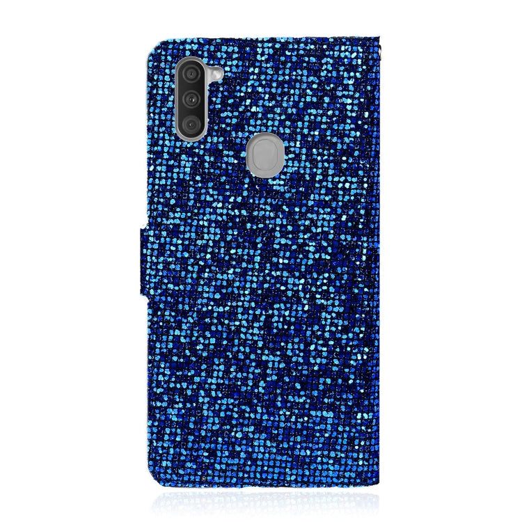 For Samsung Galaxy A11 Glitter Powder Horizontal Flip Leather Case with Card Slots & Holder & Lanyard