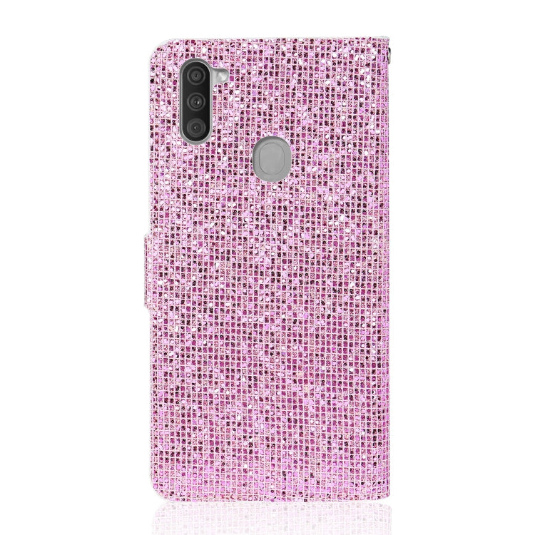 For Samsung Galaxy A11 Glitter Powder Horizontal Flip Leather Case with Card Slots & Holder & Lanyard
