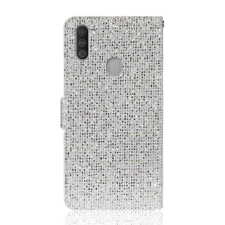For Samsung Galaxy A11 Glitter Powder Horizontal Flip Leather Case with Card Slots & Holder & Lanyard
