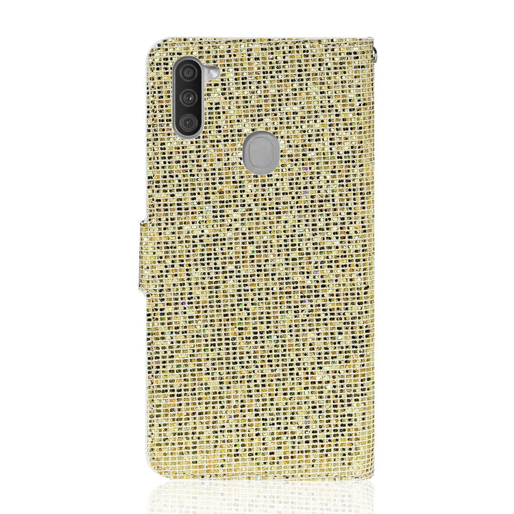 For Samsung Galaxy A11 Glitter Powder Horizontal Flip Leather Case with Card Slots & Holder & Lanyard