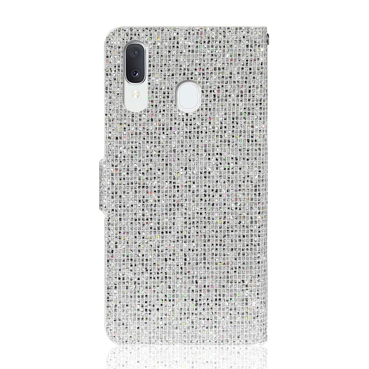 For Samsung Galaxy A20 / A30 Glitter Powder Horizontal Flip Leather Case with Card Slots & Holder & Lanyard