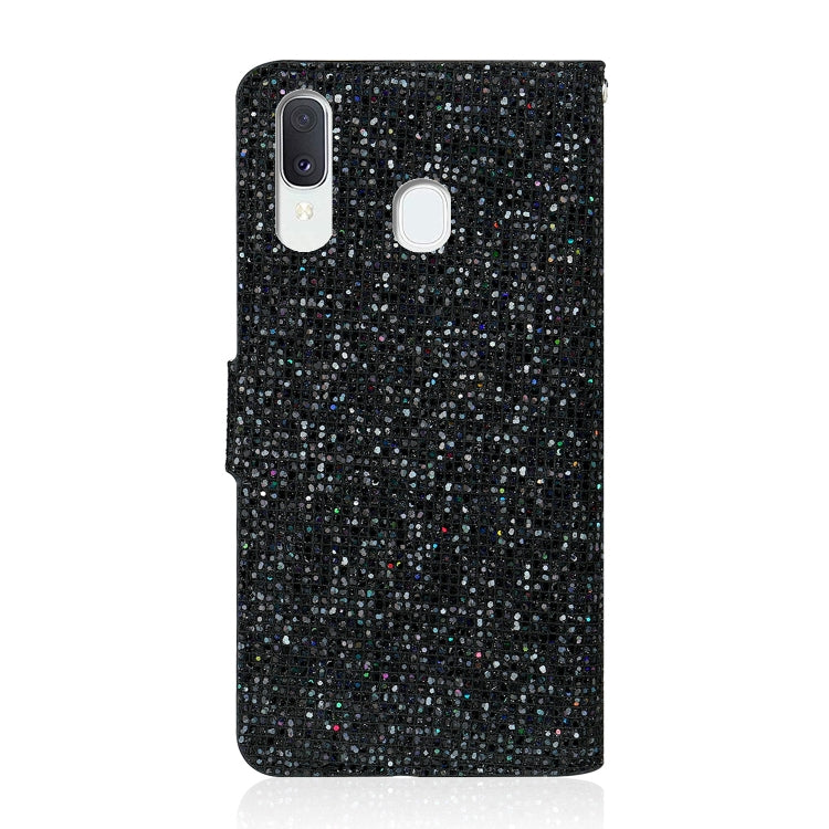 For Samsung Galaxy A20e Glitter Powder Horizontal Flip Leather Case with Card Slots & Holder & Lanyard