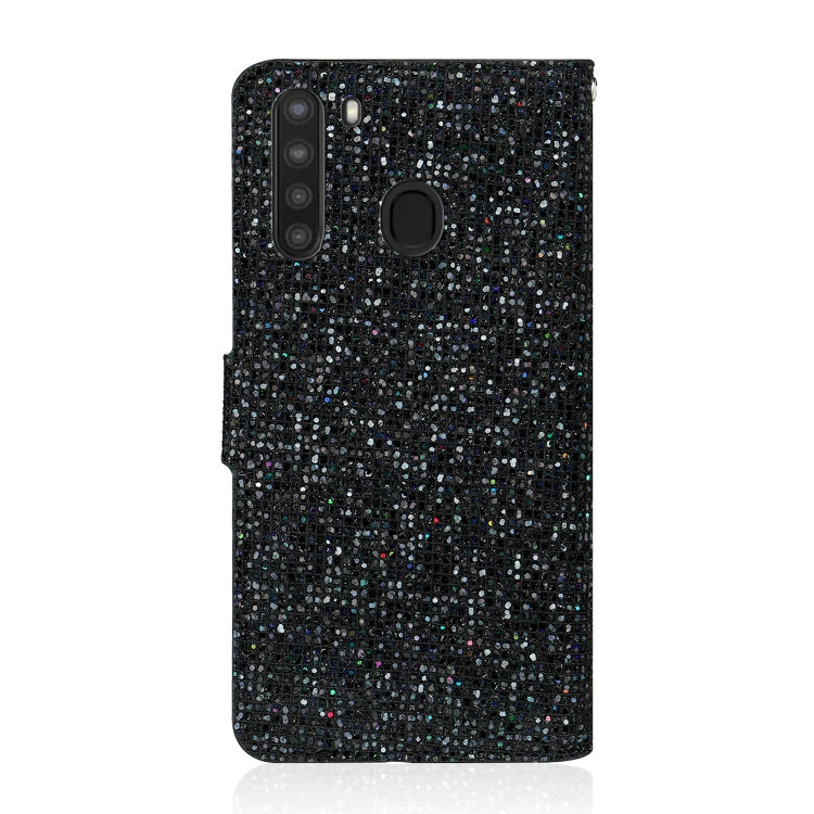 For Samsung Galaxy A21 Glitter Powder Horizontal Flip Leather Case with Card Slots & Holder & Lanyard