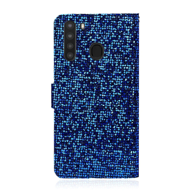 For Samsung Galaxy A21 Glitter Powder Horizontal Flip Leather Case with Card Slots & Holder & Lanyard