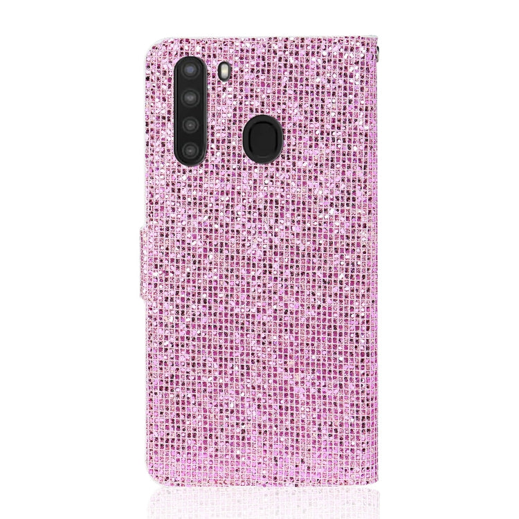 For Samsung Galaxy A21 Glitter Powder Horizontal Flip Leather Case with Card Slots & Holder & Lanyard