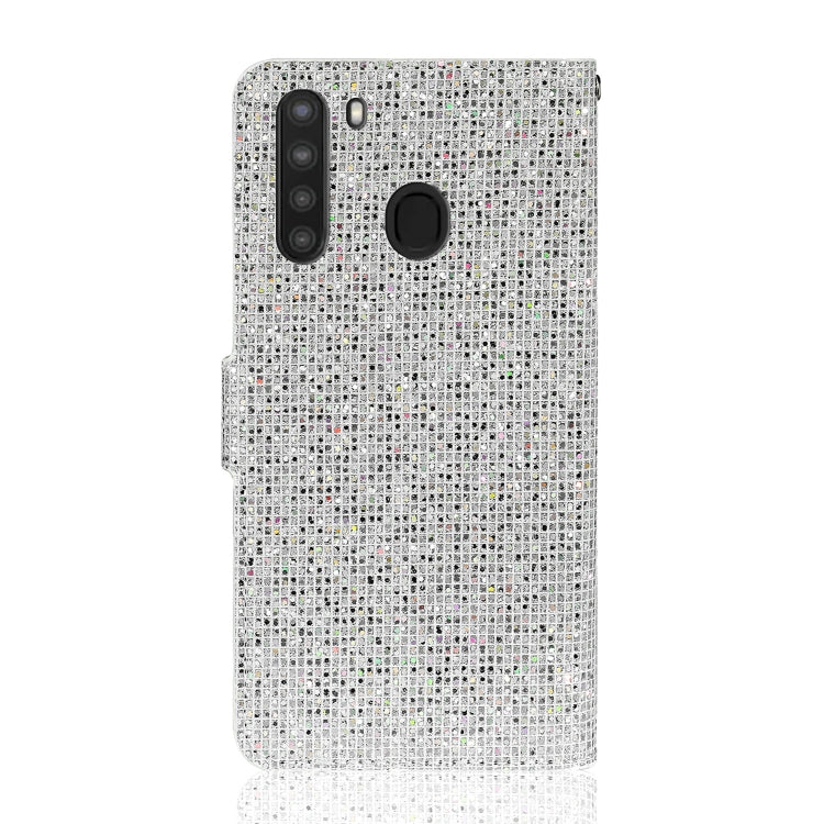 For Samsung Galaxy A21 Glitter Powder Horizontal Flip Leather Case with Card Slots & Holder & Lanyard