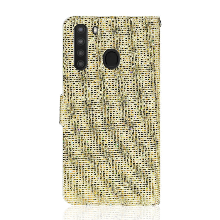 For Samsung Galaxy A21 Glitter Powder Horizontal Flip Leather Case with Card Slots & Holder & Lanyard