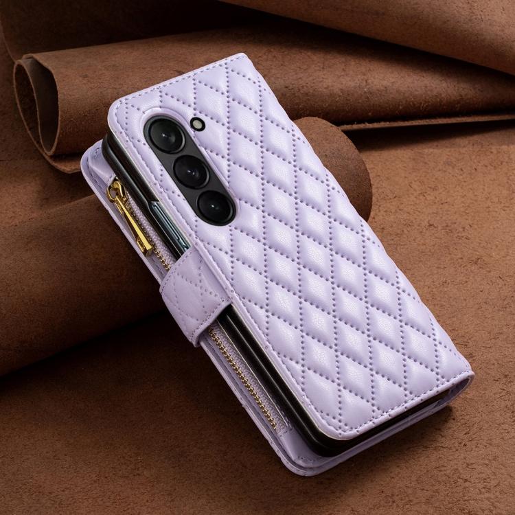 For Samsung Galaxy Z Fold6 Diamond Lattice Zipper Wallet Leather Flip Phone Case