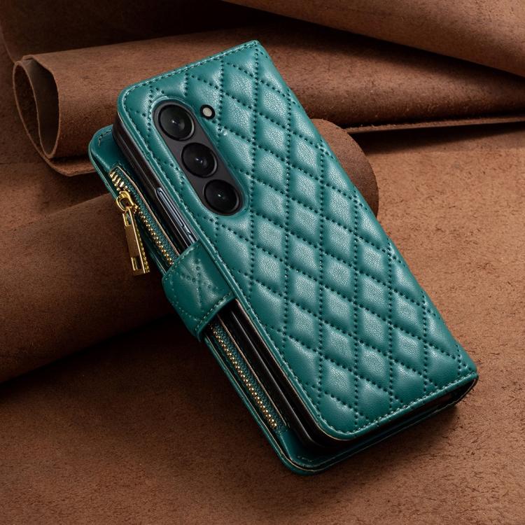 For Samsung Galaxy Z Fold6 Diamond Lattice Zipper Wallet Leather Flip Phone Case