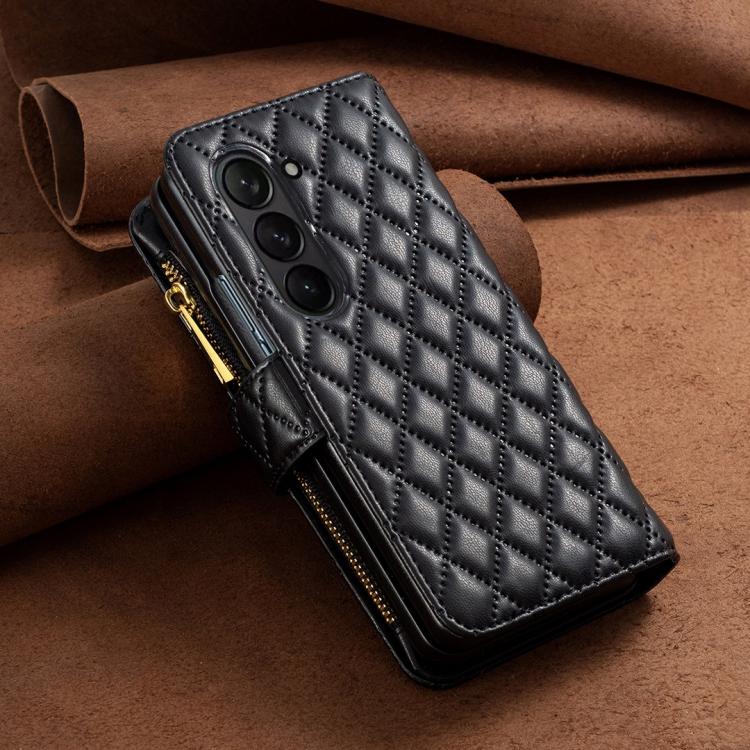 For Samsung Galaxy Z Fold7 Diamond Lattice Zipper Wallet Leather Flip Phone Case