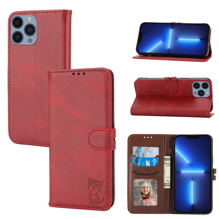 For iPhone 15 Pro Max Embossed Happy Cat Pattern Flip Leather Phone Case