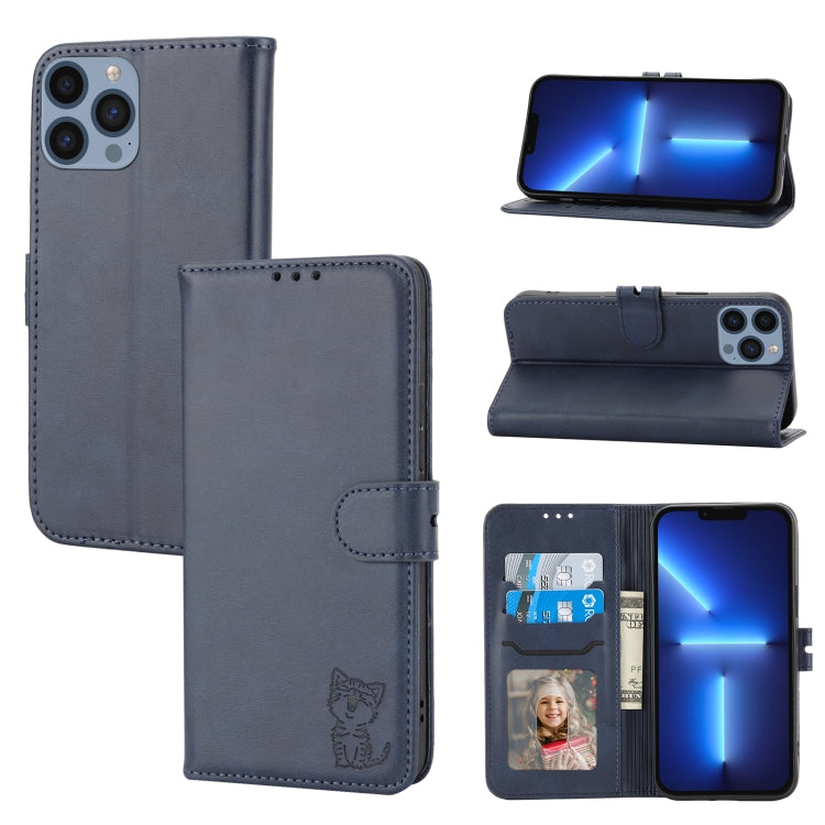 For iPhone 15 Pro Max Embossed Happy Cat Pattern Flip Leather Phone Case