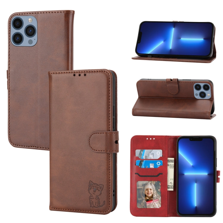 For iPhone 15 Pro Max Embossed Happy Cat Pattern Flip Leather Phone Case