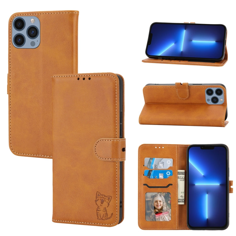 For iPhone 15 Pro Max Embossed Happy Cat Pattern Flip Leather Phone Case