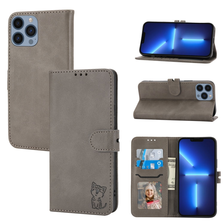For iPhone 15 Pro Max Embossed Happy Cat Pattern Flip Leather Phone Case
