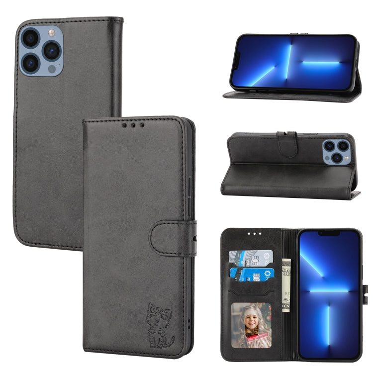 For iPhone 15 Pro Max Embossed Happy Cat Pattern Flip Leather Phone Case