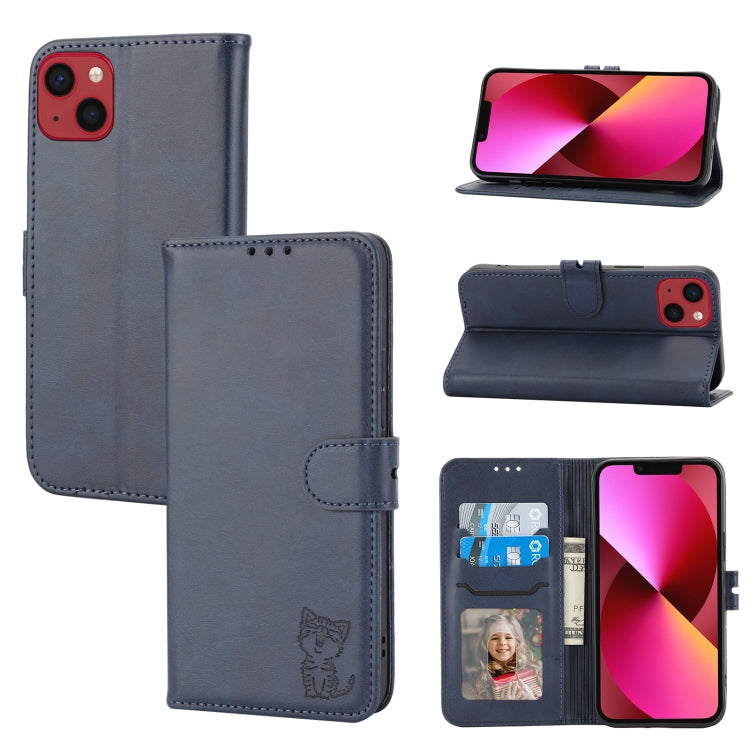 For iPhone 15 Embossed Happy Cat Pattern Flip Leather Phone Case