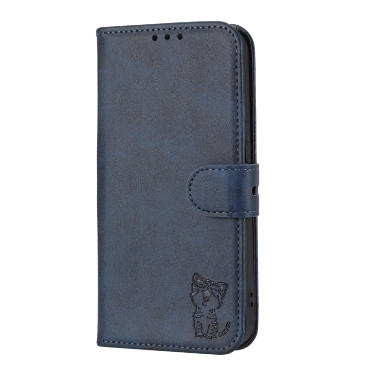 For iPhone 15 Embossed Happy Cat Pattern Flip Leather Phone Case