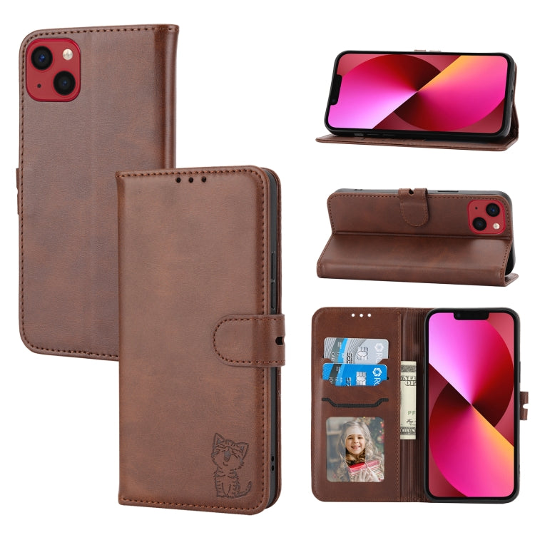 For iPhone 15 Embossed Happy Cat Pattern Flip Leather Phone Case