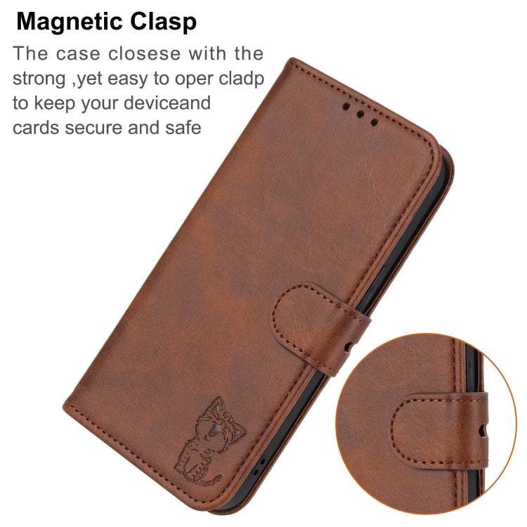 For iPhone 17e / 16e Embossed Happy Cat Pattern Flip Leather Phone Case