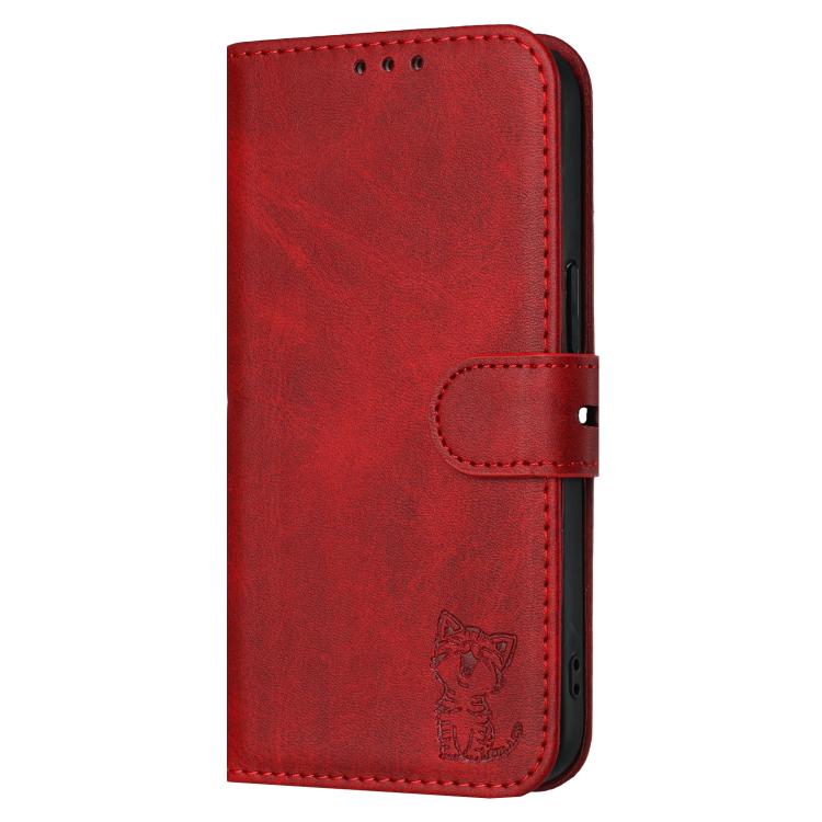 For iPhone 17 Pro Embossed Happy Cat Pattern Flip Leather Phone Case