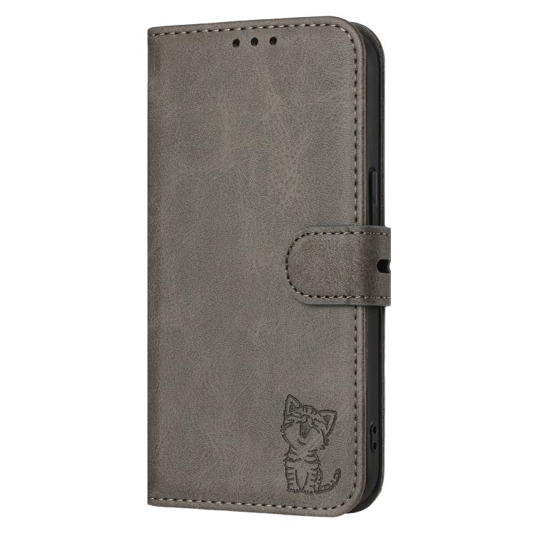 For iPhone 17 Embossed Happy Cat Pattern Flip Leather Phone Case