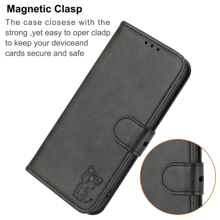 For iPhone 17 Embossed Happy Cat Pattern Flip Leather Phone Case