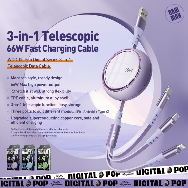 WK WDC-05 66W 3 in 1 USB to 8 Pin + Micro USB + USB-C / Type-C Retractable Fast Charging Data Cable, Length: 1.2m