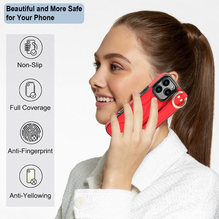 For iPhone 16 Pro Max Non-slip Full Coverage Ring PU Phone Case with Wristband