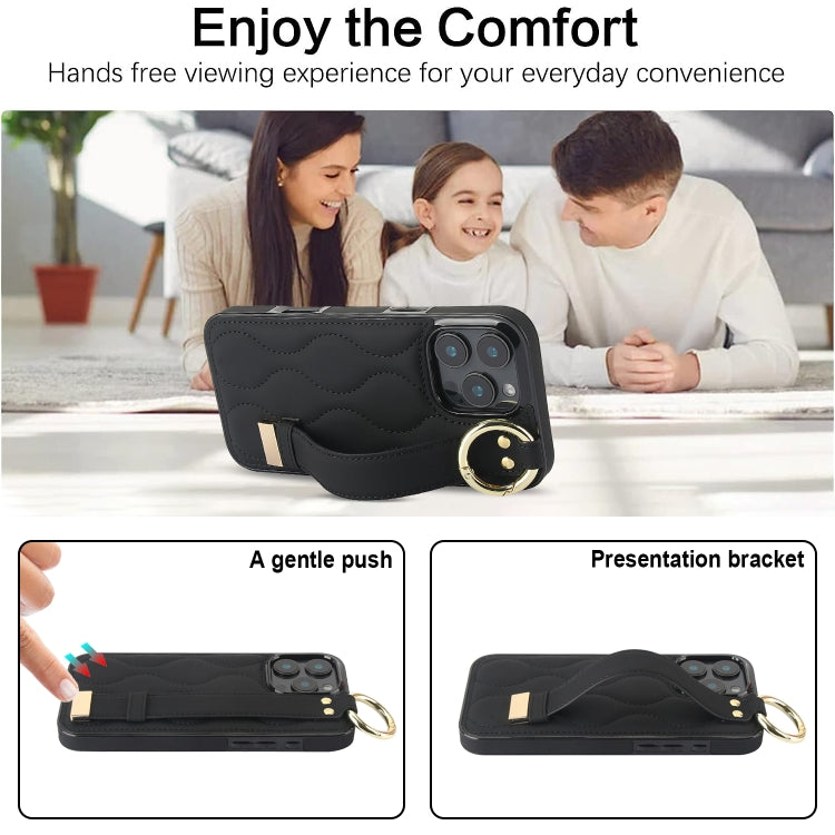 For iPhone 16 Pro Non-slip Full Coverage Ring PU Phone Case with Wristband