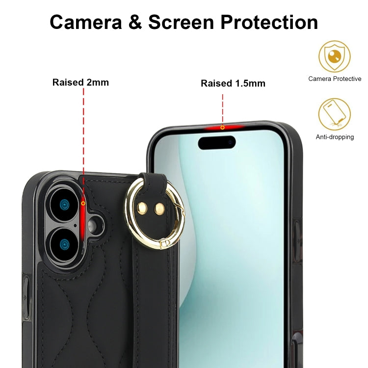 For iPhone 16 Plus Non-slip Full Coverage Ring PU Phone Case with Wristband