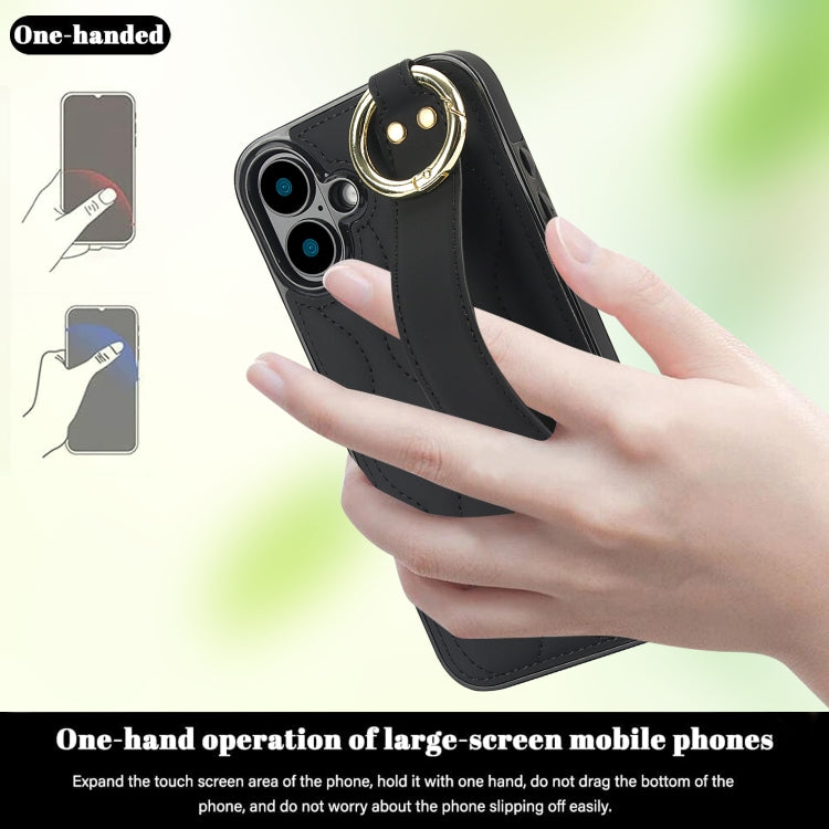 For iPhone 16 Plus Non-slip Full Coverage Ring PU Phone Case with Wristband