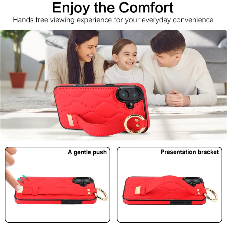 For iPhone 16 Plus Non-slip Full Coverage Ring PU Phone Case with Wristband