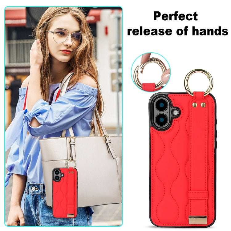 For iPhone 16 Plus Non-slip Full Coverage Ring PU Phone Case with Wristband