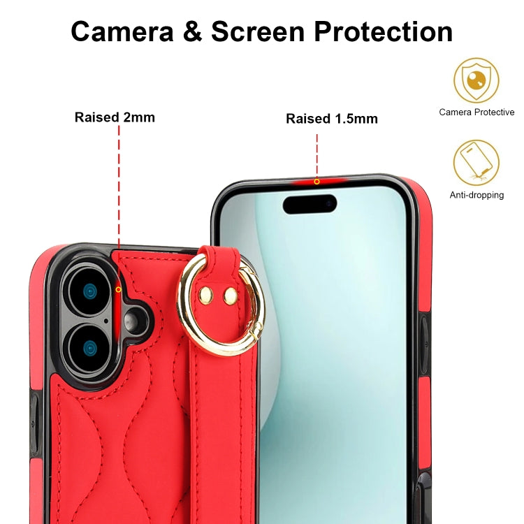 For iPhone 16 Plus Non-slip Full Coverage Ring PU Phone Case with Wristband