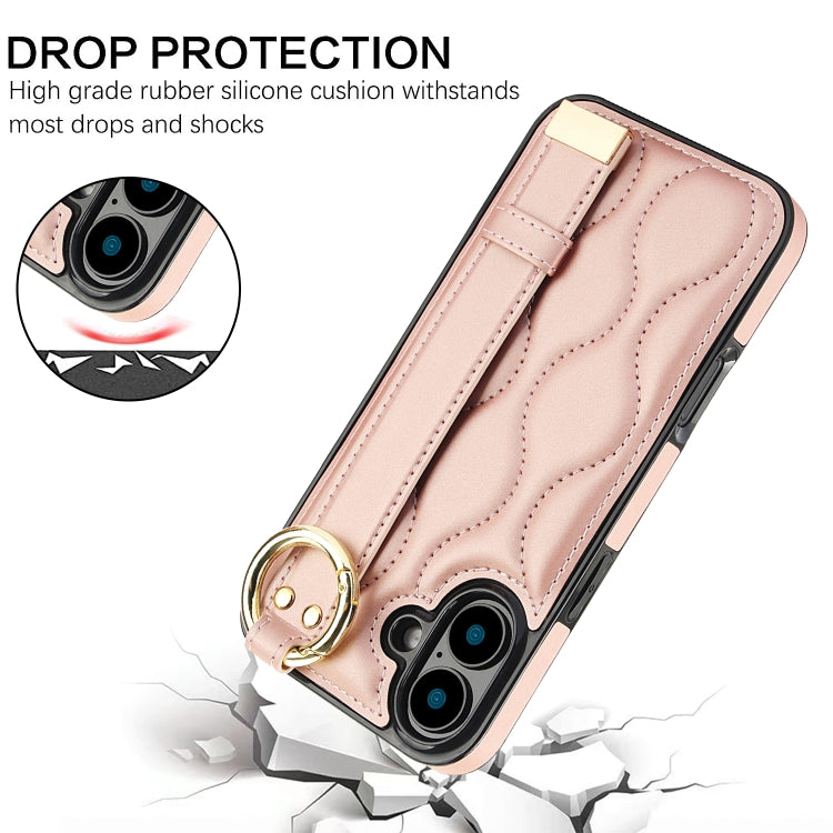 For iPhone 16 Plus Non-slip Full Coverage Ring PU Phone Case with Wristband